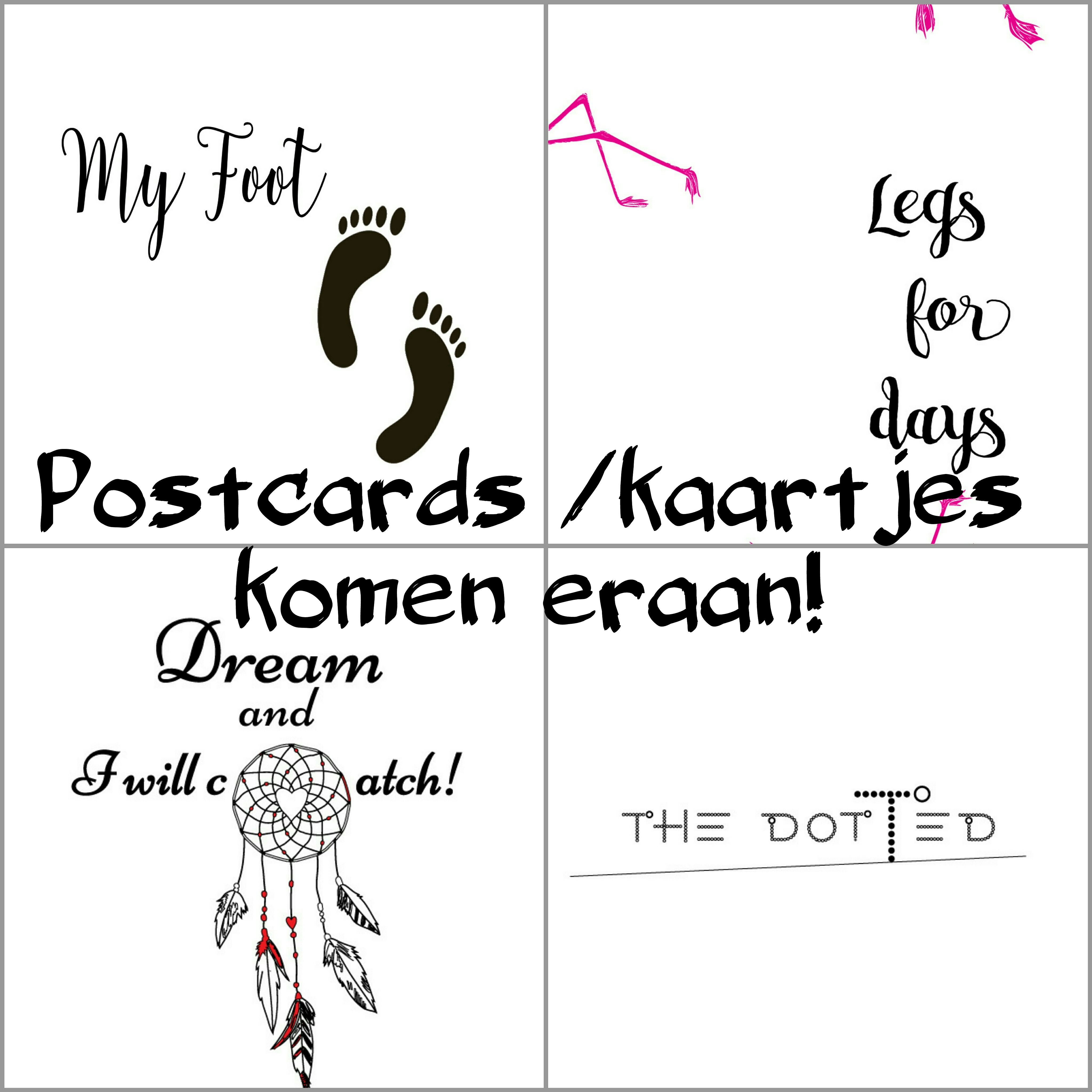postcards, vijf, kaarten, proud crazy cat lady, legs for days, the dotted line, my foot print, dream and i will catch, white, print, cards, five, set