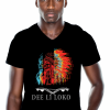 mannen t-shirt, mens shirt, zwart, opdruk, native, rood, geel, blauw, veren, v-hals, print, Dee li loko, ten-eight design,korte mouwen, colour black, v-neck, short sleeves, red, blue, yellow, witte opdruk, tekst ,arowaks