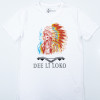 mannen, men, t-shirt, wit, opdruk, native, indiaan, south- american, native american,inheems, rood, geel, blauw, veren, v-hals, print, Dee li loko, ten-eight design,korte mouwen, colour white, v-neck, short sleeves, red, blue, yellow, mens shirt, arowaks